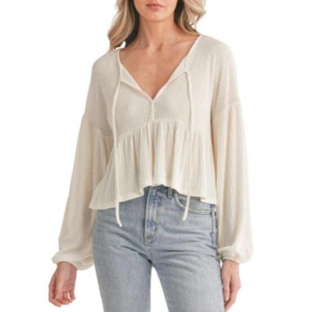 NEW LUSH NORDSTROM Cream Long Sleeve Waffle Knit Babydoll Top Size M